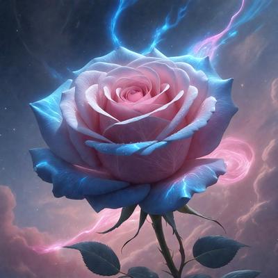 Primary subject: A single blue rose with pink petals.

Setting/background: The rose is set against a backdrop of a cloudy sky.

Visual style: The image is a digital artwork.

Colors and mood: The dominant colors are blue and pink, creating a serene and calming atmosphere.